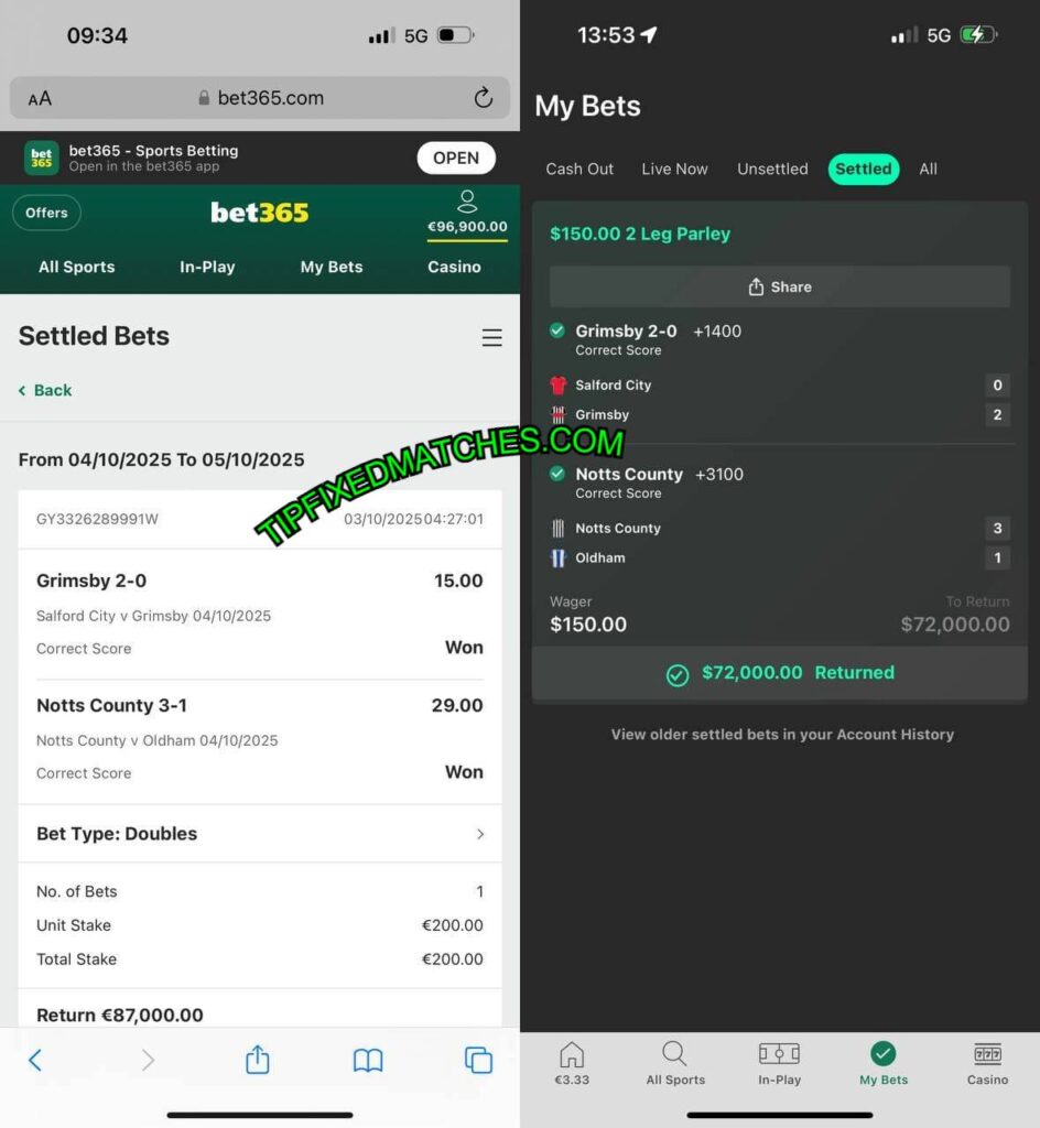 BET365 CORRECT FIXED MATCHES TIPS