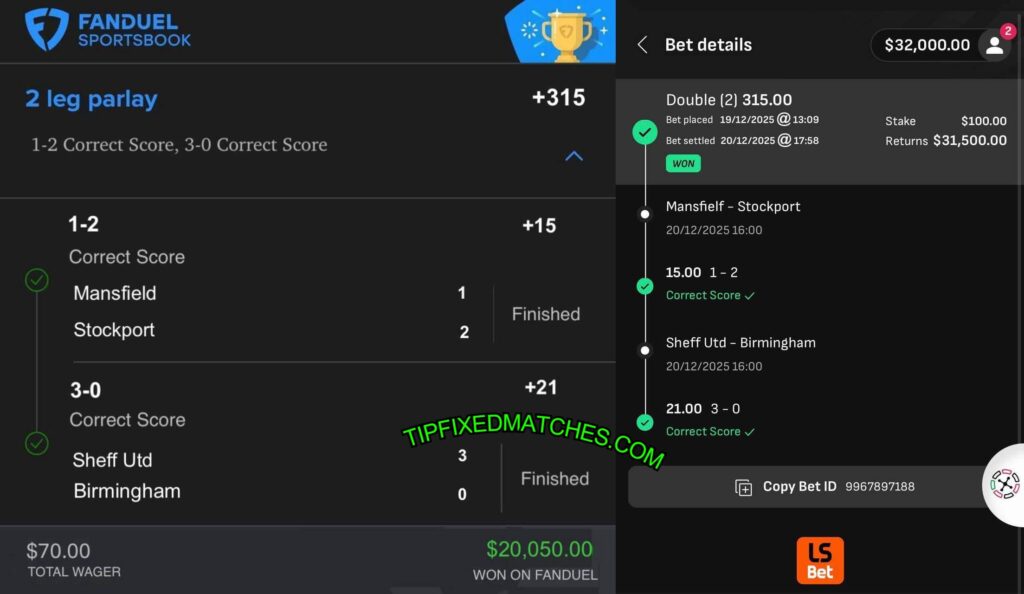 BET365 FIXED MATCH CORRECT TIPS FANDUEL FIXED MATCHES TIPS